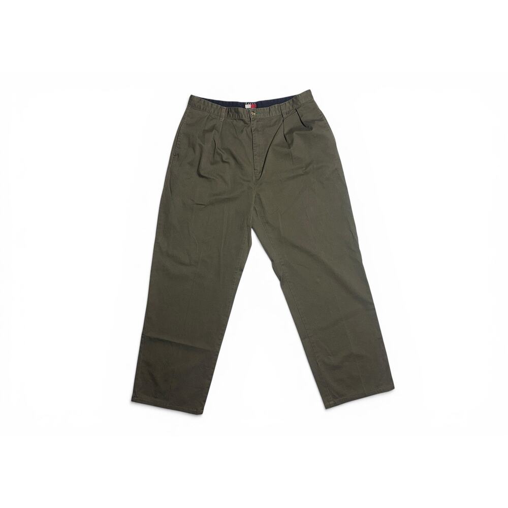Vintage Tommy Hilfiger 38 x 32 Dark Green Khaki 100% Cotton Twill Pleated Chinos